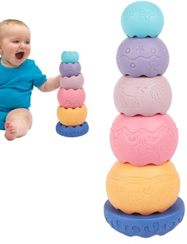 Genérico Juguetes de torre apilables – 11 X 28 Cm, juguete apilable de goma cáscara de huevo, cautivato sensorial, aprendizaje, bloques de construcción suave para la motricidad prescola