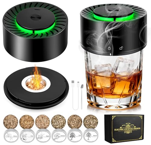 Electric Whiskey Smoker Kit with 6 Wood Chips, Built-in Lighter Old Fashioned Drink Smoker Kit with locking style safety lid that auto-extinguishes smoke, Bourbon Whiskey Gifts for Men,Dad,Husband
