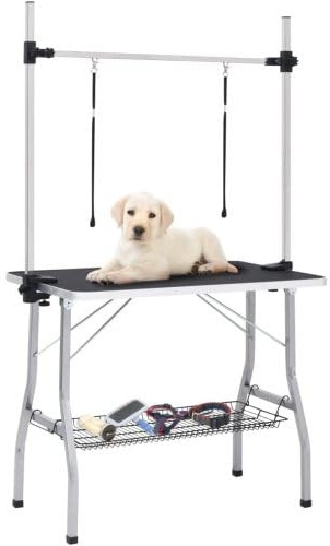 90 x 60 x 76 cm, tavolino per cani, accessori per parrucchiere, tavolo da toelettatura con braccia regolabili, morsetti, passanti, cestello portaoggetti, gambe in acciaio, tavolo pieghevole (nero +