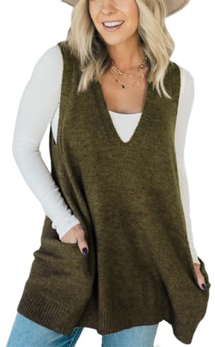 WINKEEY Pull sans Manches Femme Col en V Tunique en Tricot Léger avec Poches Gilet Décontracté pour Automne/Hiver, Vert Foncé M