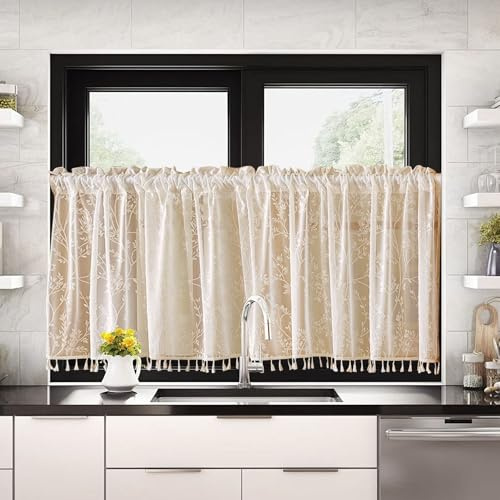 Tolldek Scheibengardinen Halbtransparent Bistrogardine Gardinen Beige Fenstervorhang Halb Küche Vorhänge Fensterschal für kleine Fenster Küche Wohnzimmer Landhaus (B 100 x H 60 cm)