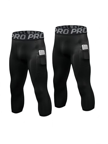 KAHEYQI Mens 3/4 Compression Leggings Gym Running Tights with Pocket 2 Pack