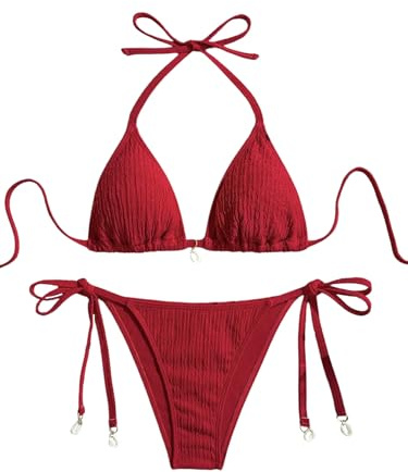 GORGLITTER Bikini Damen Set Triangel Bikini Halterneck High Waist Bikinihose mit Binde Detail Ohne Bügel Zweiteiler Sommer Strandkleidung Rot XS