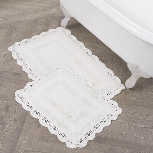 Laura Ashley Absorbent Bath Mat Reversible Crochet Soft and Plush Bathroom Mat 100% Cotton 2-Piece Bath Rug Set, White