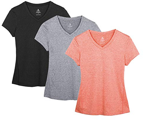 icyzone Träningströjor yogatoppar träningskläder V-ringad T-shirts för kvinnor löpning fitness sport kortärmad t-shirts, Svart/granit/persika, M