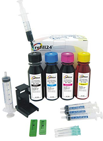 refill24 Nachfüllset: Nachfülltinte 400 ml kompatibel für Druckerpatronen HP 303, 303 XL Schwarz und Farbe + Zubehör + Anleitung, Refillset mit Druckertinte für Tango X, Envy Photo All-in-One 6230
