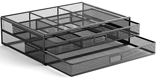 HUANUO Monitor Stand with 2 Storage Drawers, Metal Mesh Table Organizer, Supports Laptop, Touch Tablet, PC, Monitor, Printer, Scanner up to 40 lbs