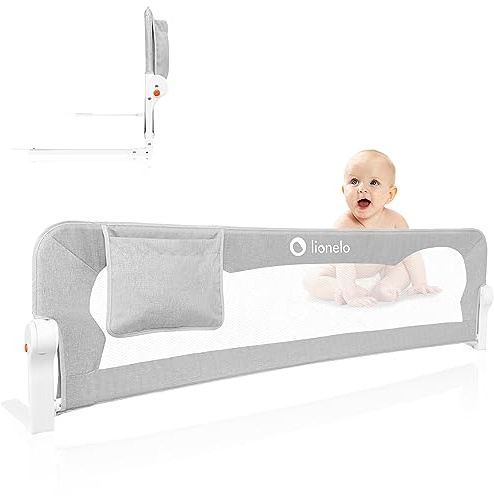 lionelo Eva barrière lit 150cm x 42cm, Pliage à 180 degrés Barriere de lit Anti-Chute, attachée avec des Ceintures de sécurité, Cadre en métal, Haute, Pliable, Stable et Durable