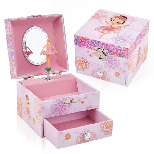 TAOPU Boîte à bijoux musicale pour filles avec tiroir coulissant et ballerine rotative, jolie boîte à musique pour enfants, choix de cadeau pour les petites filles âgées de 3 à 12 ans