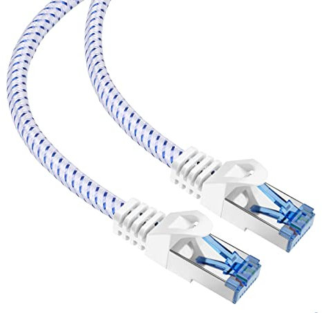 mumbi LAN Kabel 5m CAT 8 Netzwerkkabel Nylon geschirmtes S-FTP CAT8 Ethernet Kabel Patchkabel Nylonkabel 2000MHz 40Gbit 500cm, Weiss