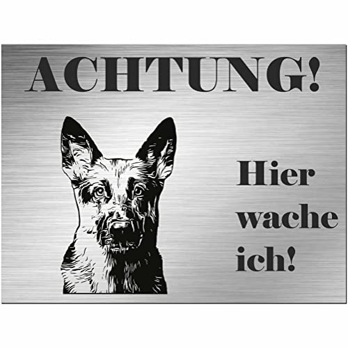 Indigos UG - Schild Schäferhund - bedruckt - Achtung Hier wache ich! - Aluverbundplatte Edelstahl Look - 20x15 cm - Spruch - Deko Geschenkidee für Ihren Hund - Zaun - Türschild - Hinweisschild