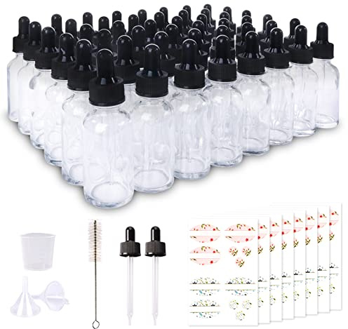 Comrzor 48 Pack 1oz Clear Glass Bottles with Glass Eye Droppers for Essential Oils, Perfumes & Lab Chemicals (Brush, Funnels, 2 Extra Droppers, 54 Pieces Labels & 30ml Measuring Cup Included)