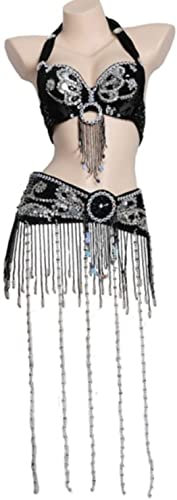 BAtlam Bauchtanz-Kleider-Set für Frauen, Bauchtanz, Leistung, Tanz-Outfit, Bauchtänzerin, Kostüme, BH-Oberteil, Gürtel, 2 Stück (Schwarz M)