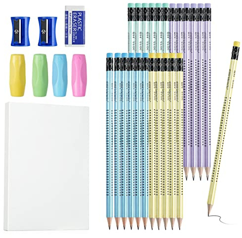 OFFCUP HB Pencils Set - 24 Presharpened Writing Implements with Rubber Ends, 4 Holders, 2 Sharpeners for School Children’s Handwriting and Drawing