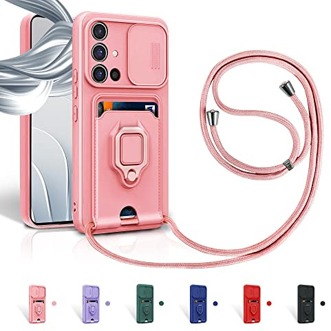 Aithne Case für Samsung Galaxy A51 4G Handykette Hüll,Slide kameraschutz,Silikon Handyhülle zum Umhängen Kette,360 Grad Ringhalter Stand Kartenfach-Pink