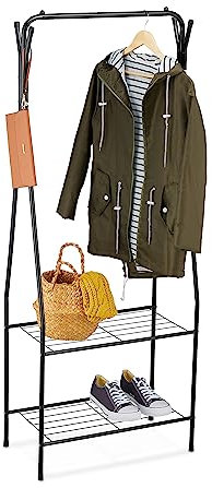 Relaxdays Perchero Burro Metálico con 2 Baldas, 4 Ganchos, Colgador para Ropa, 158 x 60 x 33 cm, Mueble Entrada, Negro