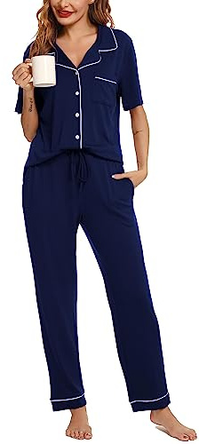 Lovasy Pigiama Donna Estivo Set Cotone Camicia con Bottoni Comodo Pantaloni Lunghi Manica Corta Aperto Davanti Lungo,Grigio Scuro,M