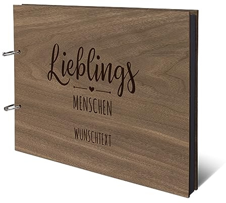 Personalisiertes Geburtstag Fotoalbum echtes Holz DIN A4 Erinnerungsbuch mit Lasergravur - Lieblingsmenschen - mit 25 Blatt / 50 Seiten Fotokarton Schwarz