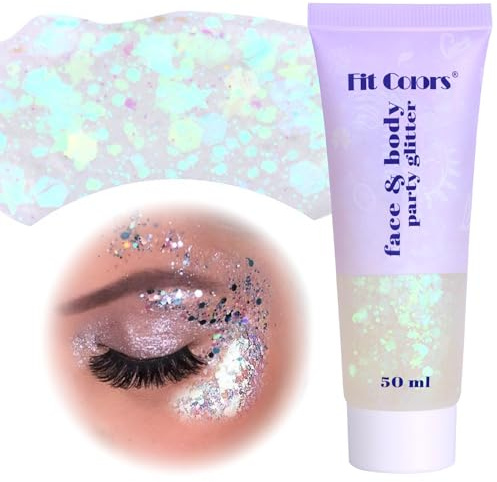 Body Glitter Gel, Festival Glitzer Gesicht, 50ml Liquid Gel, Körperglitzer Zubehör für Make Up, Cosmetic Party, DIY, Nägel, Lippen (Weiß)