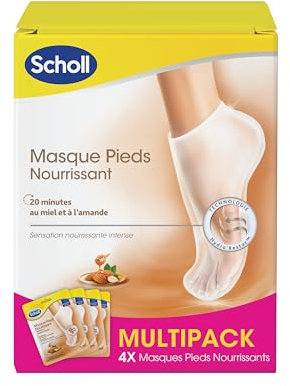 Scholl 4 mascherine nutrienti e idratanti per piedi con miele e mandorle, per pelle secca, cura completa dei piedi, 4 paia da 2 calzini