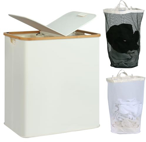 efluky 140L Laundry Baskets with Lid 2 Compartments, Large Laundry Hamper, Double Laundry Basket Storage with 2 Removable Bags, Beige