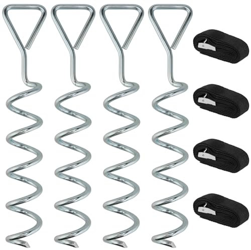 YUENPUN 4 PCS 31cm Trampoline Tie Down Anchor Kit, Trampoline Anchor Ground Pegs with Adjustable Straps, Heavy Duty Spiral Ground Anchors for Trampolines, Tents, Swings