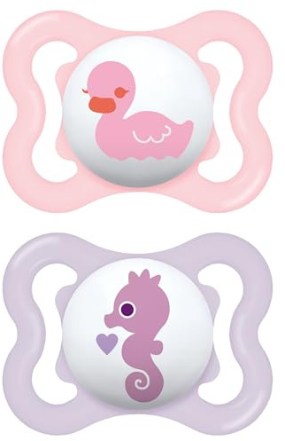 MAM Air Schnuller 2-6 Monate, 2er Set, Pink/Neutral | Mit tragbarem Sterilisator-Schnullerhalter, kiefergerechter Sauger aus Naturkautschuk, gebogene Maske, BPA-/BPS-frei