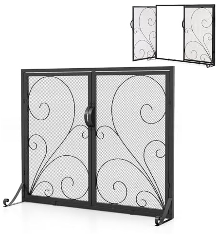 GOPLUS Kaminschutzgitter, Doppeltüriger Kaminschirm mit Stützbeine & Griff, Funkenschutz aus Metall zur Isolierung von Funken & Asche, für Kamin, Heimdekoration, 96 x 35 x 78 cm