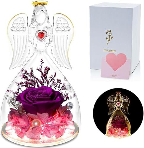 skelo pour Maman, Rose éternelle en Forme d'ange, Roses Infinity, Fleur éternelle sous Une coupole en Verre d'ange avec Une lumière LED, Cadeaux de Noël pour Amie, Grand-mère, mère (Violet)