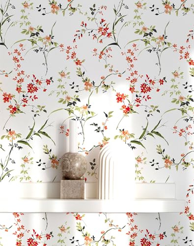 HomKihapai Floral Peel and Stick Wallpaper - Self Stick Flowers Wall Paper for Bedroom Kitchen- Renter Friendly Mural Cabinets Contact Paper (Spring Red Floral, Sample - 17.7 X 78.74)