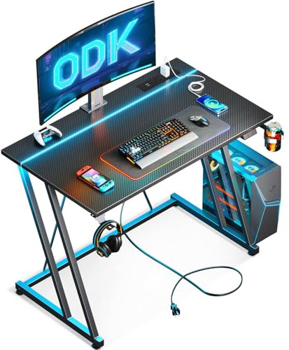 ODK Gaming Desk with LED Lights & Power Outlet, Gaming Table with Cup Holder and Headphone Hook, Double Z Frame Design Computer Desk Carbon Fiber Black 80 cm