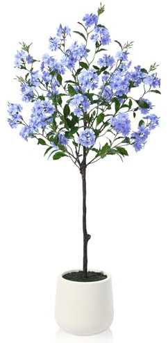 SOGUYI 120cm Artificial Hydrangea Tree - Faux Blue Silk Flowers in White Imitation Ceramic Planter - Fake Plants for Indoor Home Office Decor