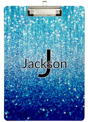 Benutzerdefiniertes Monogramm blaue Lichter Glitzer Acryl Klemmbrett mit personalisiertem Namen Klemmbrett für Lehrer A4 Briefgröße