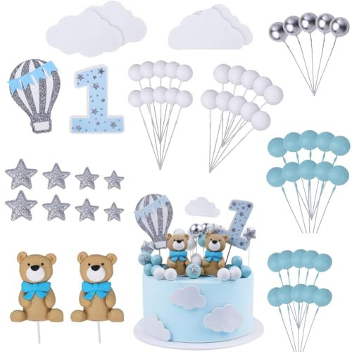 49Pcs Teddy Bear Cake Toppers - 1st Birthday & Baby Shower Decorations - Bear, Balloon & DIY Cake Toppers for Girls & Boys