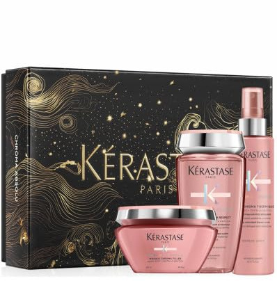 Kérastase Chroma Absolu Masque Set de regalo para cabello teñido, contiene: Bain Riche Chroma Respect 250 ml, Masque Chroma Filler 200 ml, Sérum Chroma Thermique 150 ml