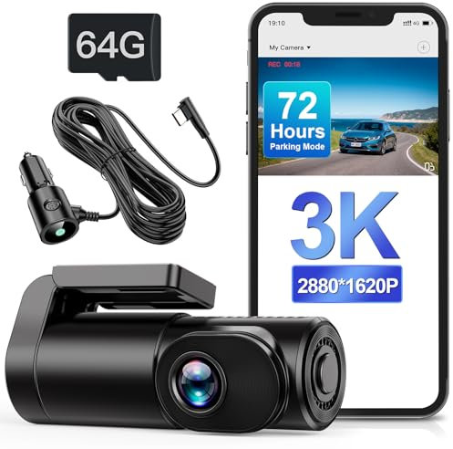 Range Tour 3K Dash Cam Front WiFi Mini Car Camera with 64GB Memory card, 0.96 Display Driving Recorder, APP Control, HDR 2.0, Loop Recording, Night Vision, 170° Wide Angle, Max 256GB