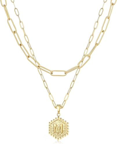XYTDM Collares en capas de oro para mujer, chapado en oro de 14 quilates, collar de cadena con clip de papel, colgante de letra personalizada, collares de inicial, joyería de oro, 0, Metal, Sin gemas