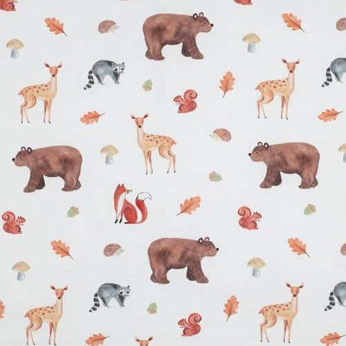 100x145cm Kinderstoff aus Baumwolle mit Waldtiere - Stoffe zum Nähen mit Kindermotiven - Jungen Baumwollstoffe für Kinder - keine Meterware - Tiere im Wald - Reh Bär Fuchs Igel Dachs Eichhörnchen