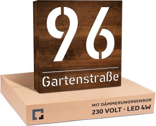 PRINTIMA Hausnummer Beleuchtet LED mit Dämmerungssensor 30x30 cm Dunkle Walnuss mit Gravur, 6W A++, 230V, wasserdicht, modernes Design, robust & stilvoll