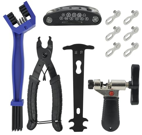Outil pour Chaîne de Vélo, Ensemble d'outils de Chaîne de Vélo, Pince Chaine Velo, Dérive-chaîne, Jauge de Chaîne, 9 Pcs Kit d'outils de Réparation de Chaîne pour Vélos à 6-11 Vitesses