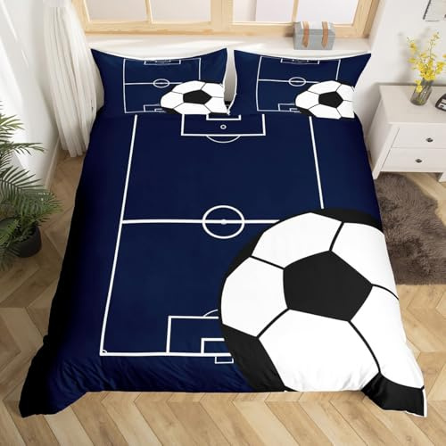 Erosebridal Kids Football Duvet Cover Queen Size,Soccer Bedding Set for Boys Girls Room Decor,Dark Blue White Sports Theme Duvet Cover Football Field Bed Set 3Pcs (No Comforter)