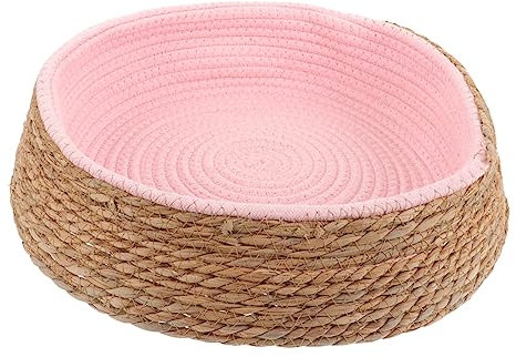 IMIKEYA Woven Round Pet Bed Small Pink Sturdy Scratch-resistant Wicker Dog Cat Sleeping Cushion Home Pet Resting Nest Mat
