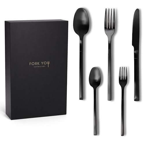 FORK YOU bestickset svart matt (20 delar) för 4 personer – inkl. tårtgafflar – 18/10 rostfritt stål, rostfri och diskmaskinssäker, högkvalitativ förpackning, presentidé