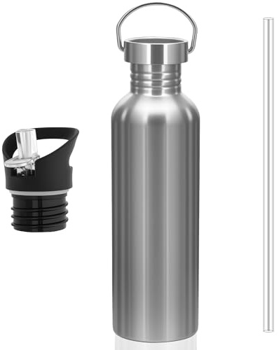lompyeu Gourde Inox 1L, Gourde Sport avec 2 Couvercles, Bouteille d'eau simple paroi non isolée, sans Bpa,Gourde Paille Adulte pour l'École, Bureau, Extérieur, Camping, Yoga