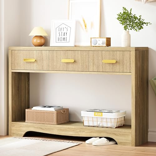 Luoxiao Konsolentisch Schmal Holz Flurtisch mit 3 Schubladen Eingangstisch mit offene Ablage Schmaler Sofatisch für Wohnzimmer Modernen Console Table für Flur Foyer Eingang 120 x 30 x 80 cm