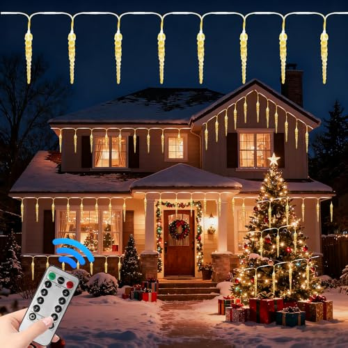 HEYIDAMAI LED Eiszapfen Lichterkette Außen 10M, 100 LED Eiszapfen Lichterkette Weihnachten mit 8 Modi, Beleuchtung Aussen Zapfen, für Haus Dachtraufe Balkon Fenster Weihnachtsbaum Deko