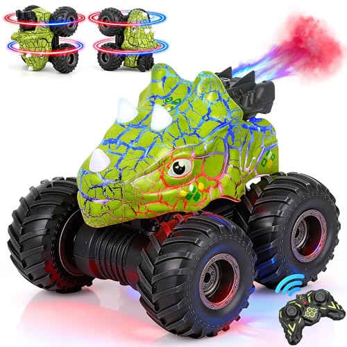 Dinosaurier-Autospielzeug – ferngesteuerte Monstertrucks mit LED-Licht und Musik, Dinosaurierspielzeug für Kinder mit 360°-Drehungen und Driften, ferngesteuertes Auto als Geschenk für Jungen (grün)