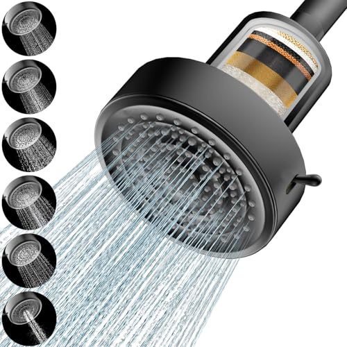 High Pressure Fixed Rainfall Shower Head with Filter,6 Mode Settings | Hard Water Filter Shower Head Softener Shower Head Adjustable Metal Swivel Ball Joint Overhead Rain Shower Heads