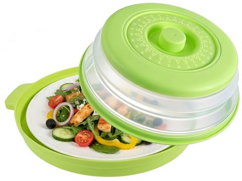 Foldable Microwave Cover for Food with Anti-scald Base Mat, Collapsible Microwave Plate Cover with Tray PP+TPR late Covers for Food, Microwave Splatter Guard Colander Strainer for Fruit Vegetable