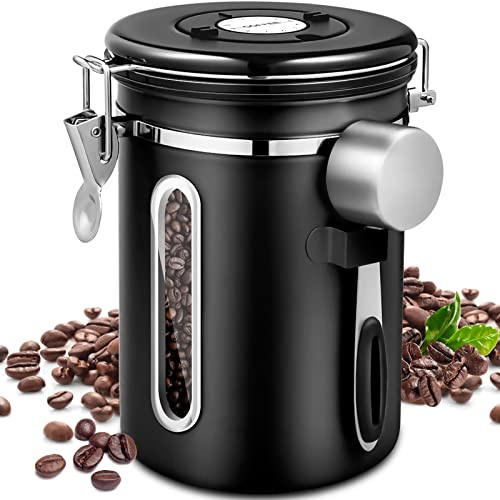 Purpledi Bote para Café, Bote de Café de Acero Inoxidable, 1.8L Tarro de Café Hermético para Cafe Grano o Cafe Molido etc-Negro (A)